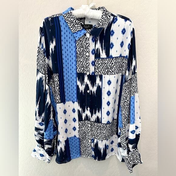 ELLA RAFAELLA | Blue Patchwork Button-Up Shirt Lenzing Ecovero Viscose | XXL - Picture 2 of 7